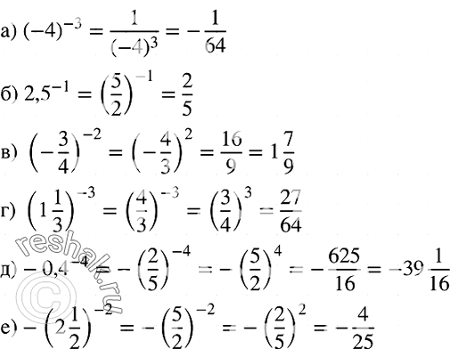 Изображение 970. Вычислите:а) (-4)^-3; б) 2,5^-1; в) (-3/4)^-2;г) (1*1/3)^-3; д) -0,4^-4;е) -(2*1/2)^-2....