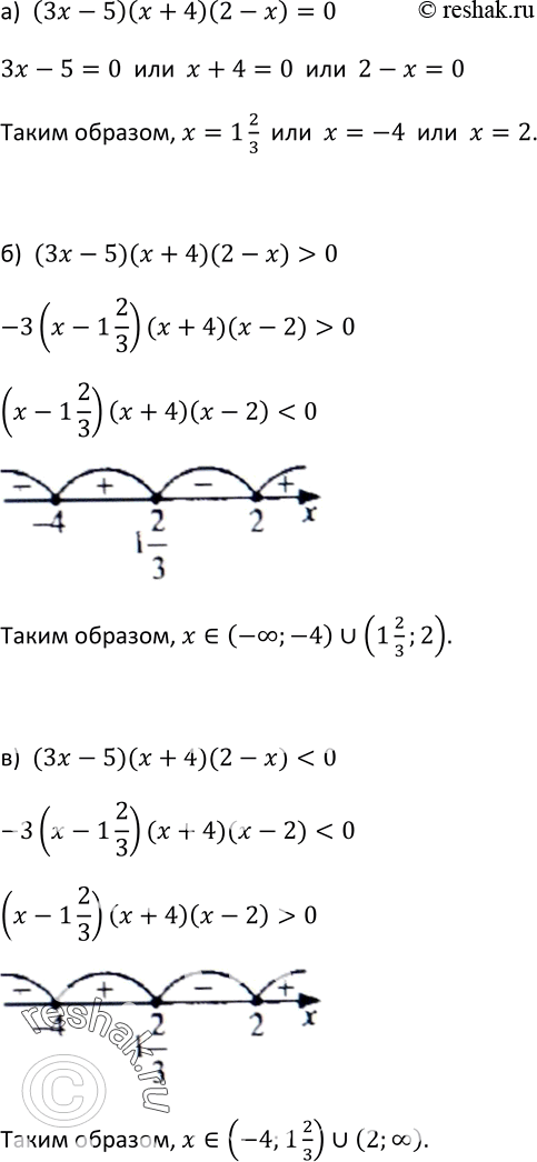 Изображение 387. При каких значениях х произведение (3x - 5)(x + 4)(2 - х):а) равно нулю; б) положительно; в)...