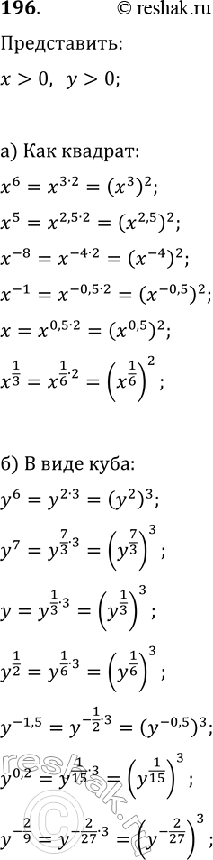 Изображение 196 Представьте:а) в виде квадрата (х > 0): x6, x5,x^-8, x^-1, x, x1/3.б) в виде куба (у > 0): у6,y7, y1/2, y^-1,5,y0,2, y2/9....