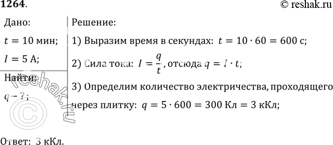 Изображение 1264. 	Плитка включена в осветительную сеть. Какое количество электричества протекает через нее за 10 мин, если сила тока в подводящем шнуре равна 5...