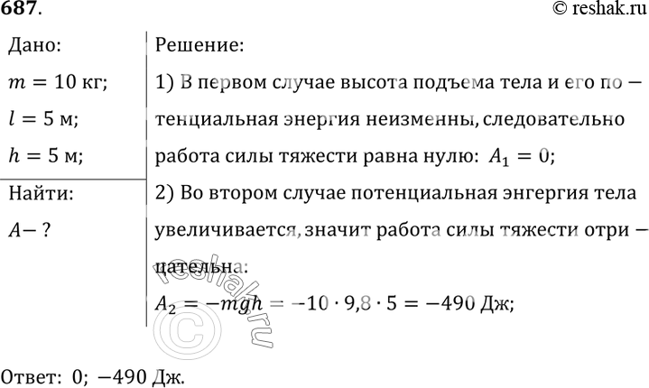 Изображение 687.	Тело массой 10 кг в горизонтальной плоскости перенесли на расстояние 5 м, а затем подняли на высоту 5 м. Чему равна работа силы тяжести на каждом этапе...