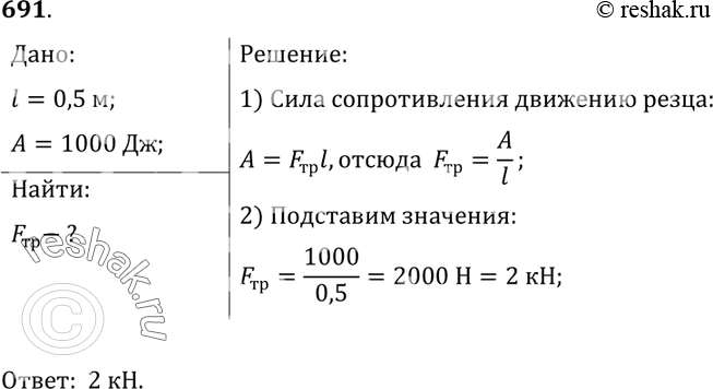 Изображение 691.	Определите силу сопротивления, преодолеваемую резцом станка, если на пути 0,5 м работа равна 1...