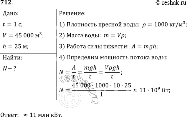 Изображение 712.	Водосливная плотина Волжской ГЭС во время паводков пропускает каждую секунду объем воды, равный 45 000 м3. Зная, что высота плотины 25 м, определите мощность...