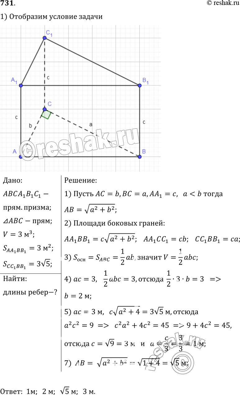Изображение 731 Объем прямой призмы, основанием которой является прямоугольный треугольник, равен 3 м3, а наименьшая и наибольшая из площадей боковых граней равны 3 м2 и 3 Jb м2....